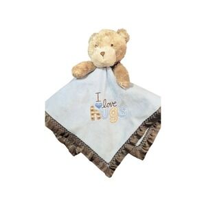 Carters Baby Security Blanket Teddy Bear I Love Hugs Blue Brown Satin Trim Lovey